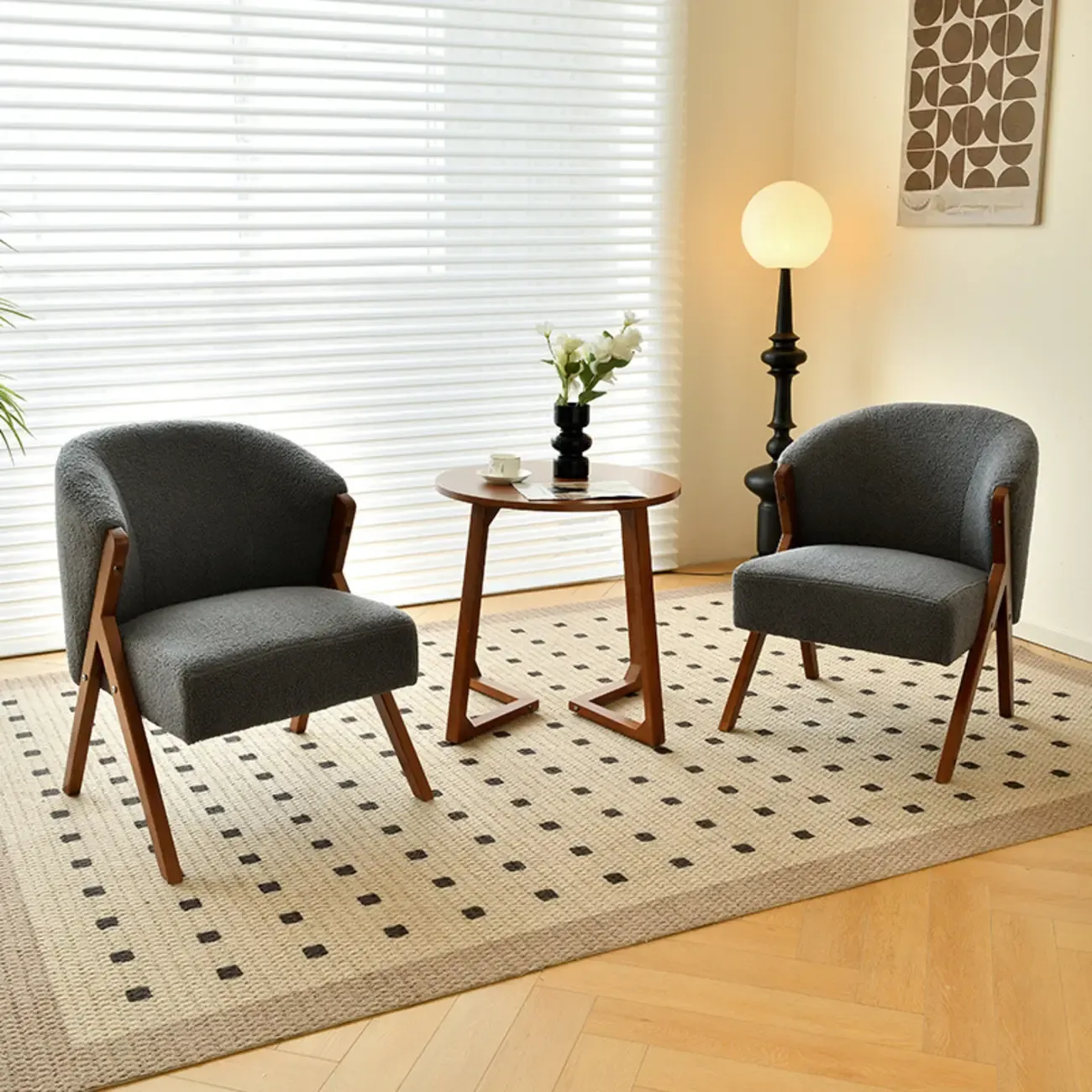 Glam Grey Fabric Accent Chair with Wooden Legs for Living Room Image - 1