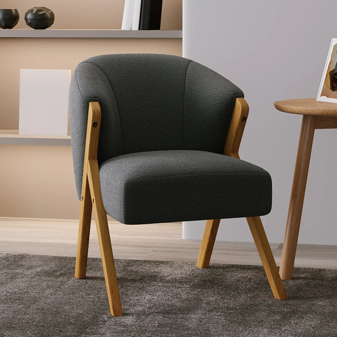 Glam Grey Fabric Accent Chair with Wooden Legs for Living Room Image - 2 | homeyfad