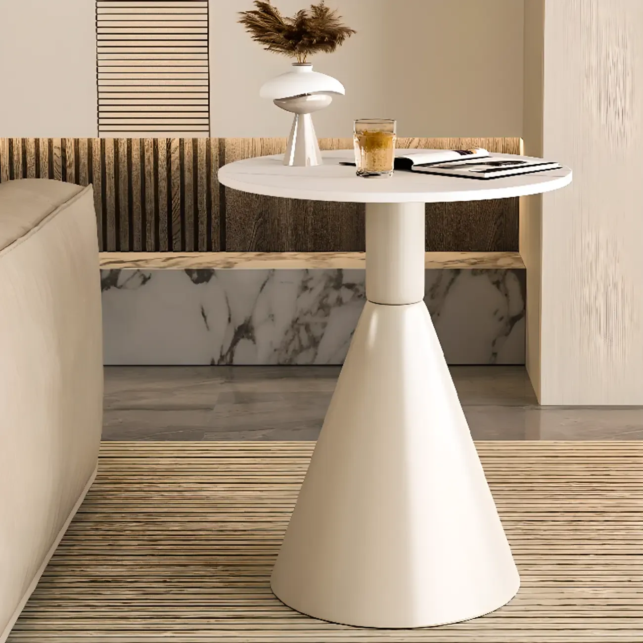 Modish Stone Round End Table with Metal Base Image - 1