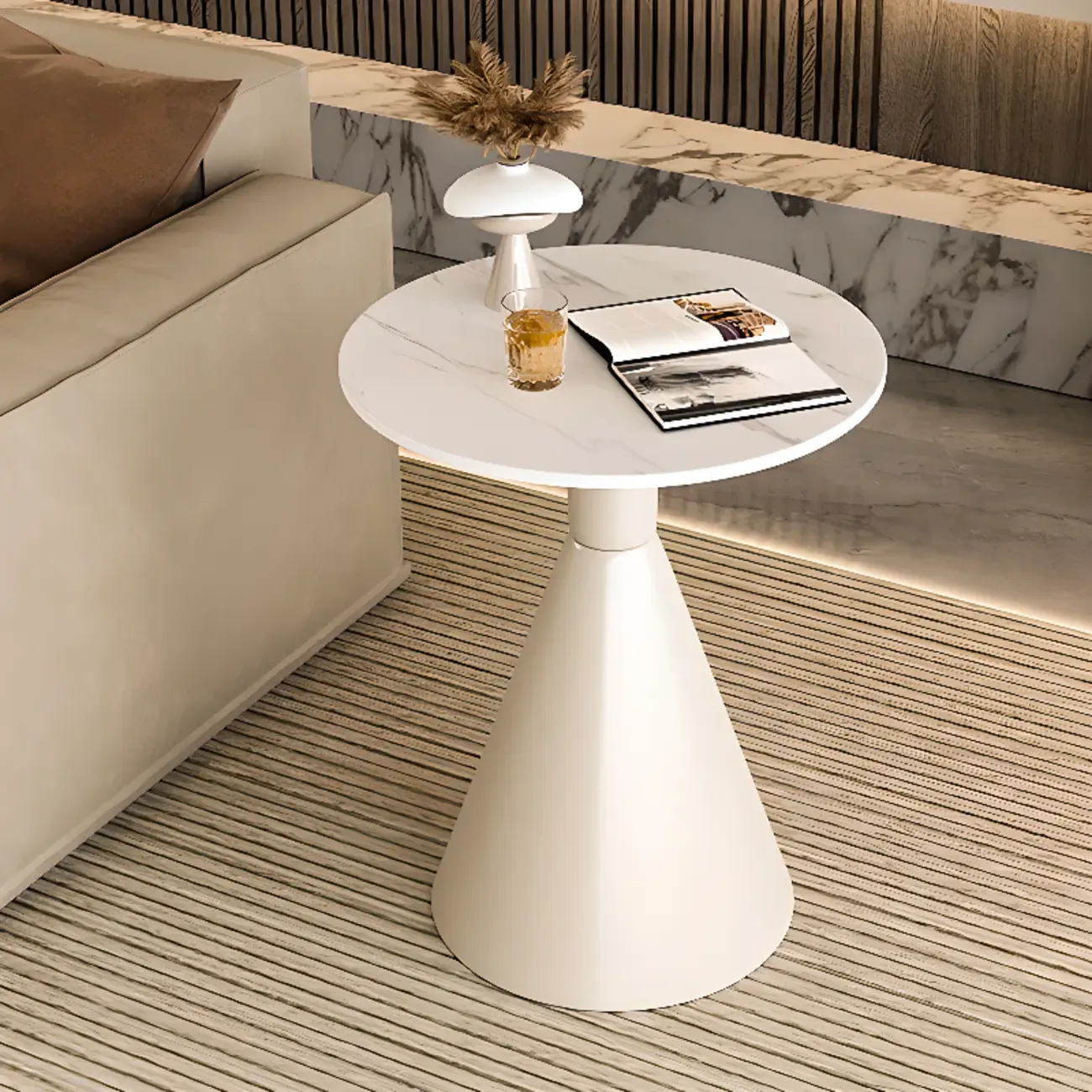 Modish Stone Round End Table with Metal Base Image - 6
