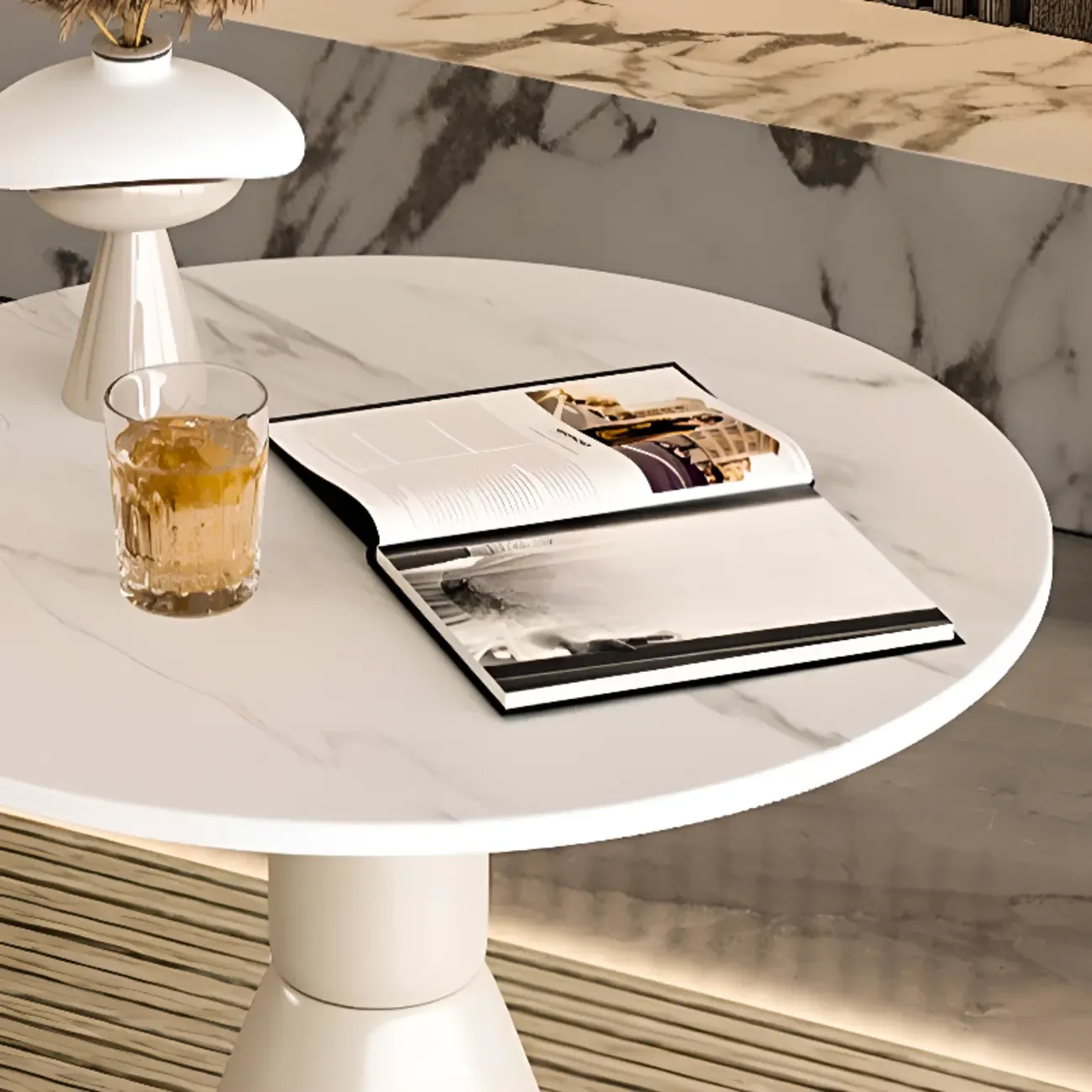 Modish Stone Round End Table with Metal Base Image - 9