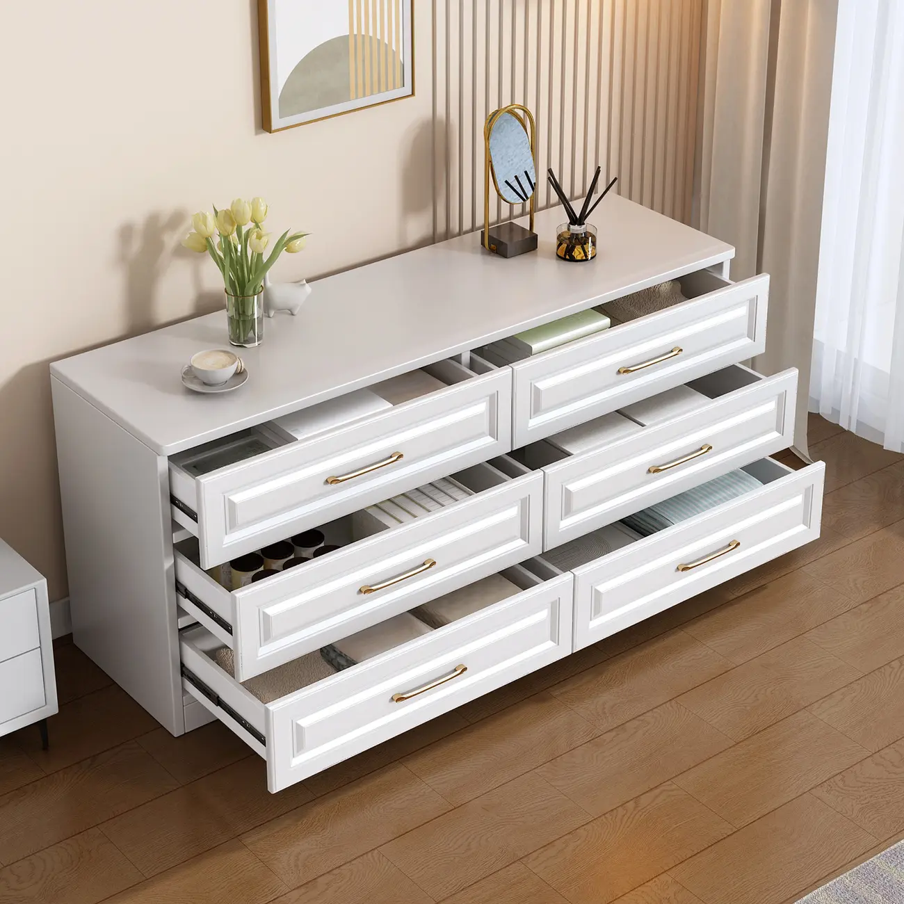 Modern Elegant White Wood Gold Handle Storage Cabinet Image - 3 | homeyfad