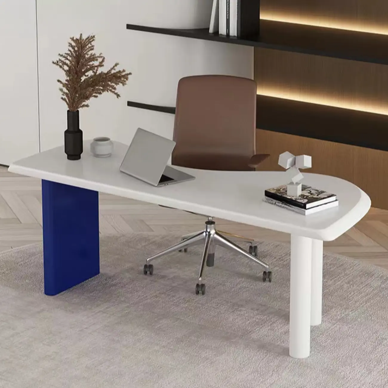 63"L Free Form White Bule Wood Curved Computer Desk Image - 1 | homeyfad