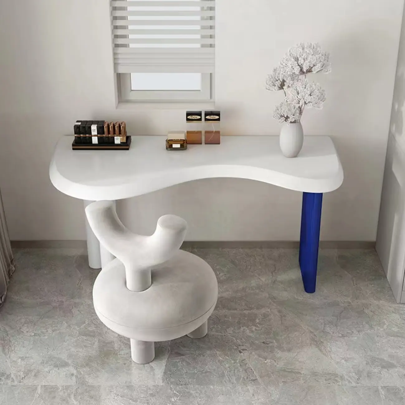 63"L Free Form White Bule Wood Curved Computer Desk Image - 2 | homeyfad