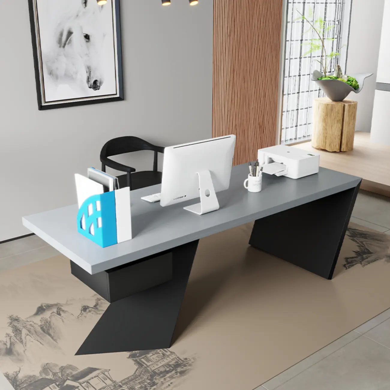 Contemporary Grey Rectangular Office Desk with Storage Image - 2 | homeyfad