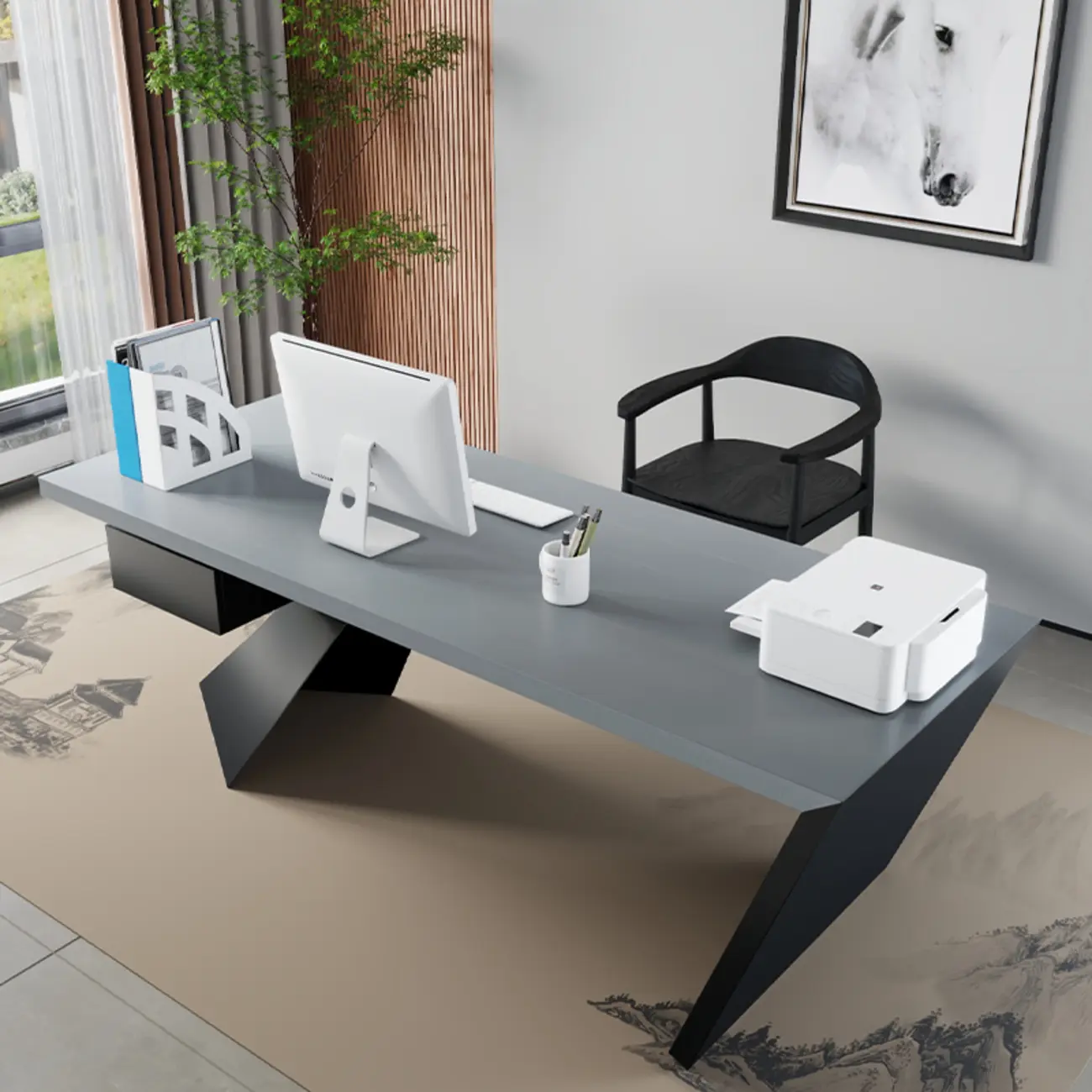 Contemporary Grey Rectangular Office Desk with Storage Image - 1 | homeyfad