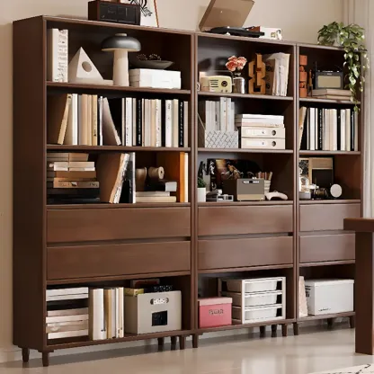 Spacious Versatile Vertical Brown Wood Bookcase with Drawers Image - 3