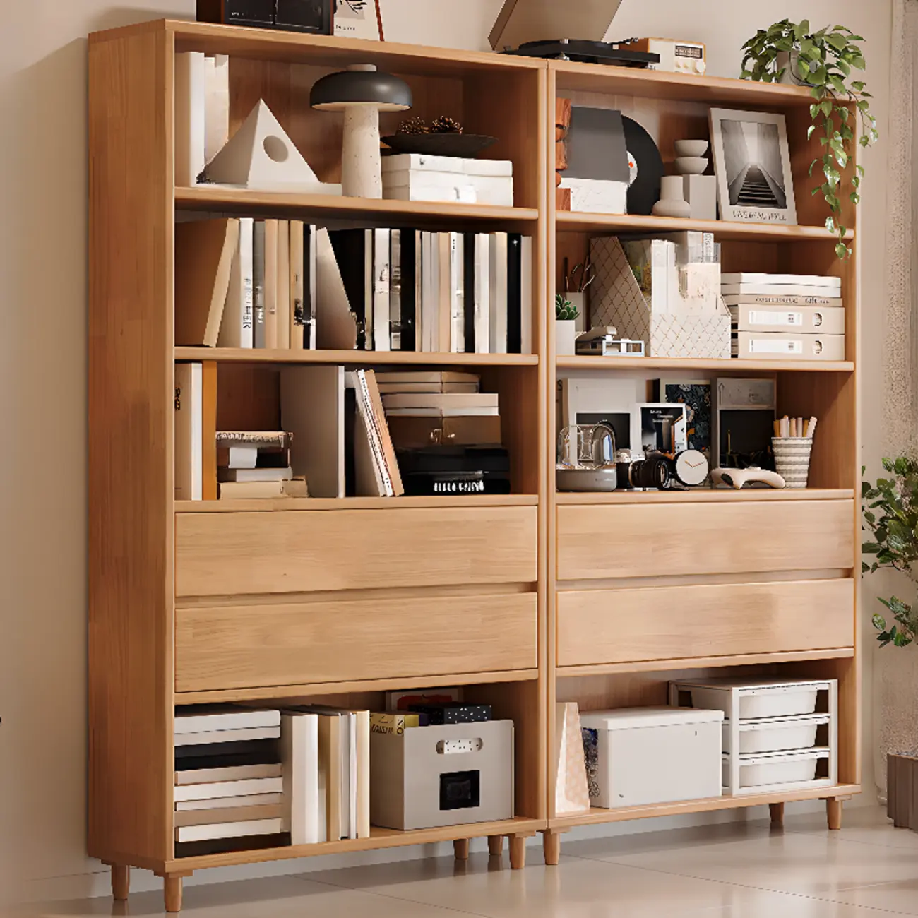 Spacious Versatile Vertical Brown Wood Bookcase with Drawers Image - 1 | homeyfad