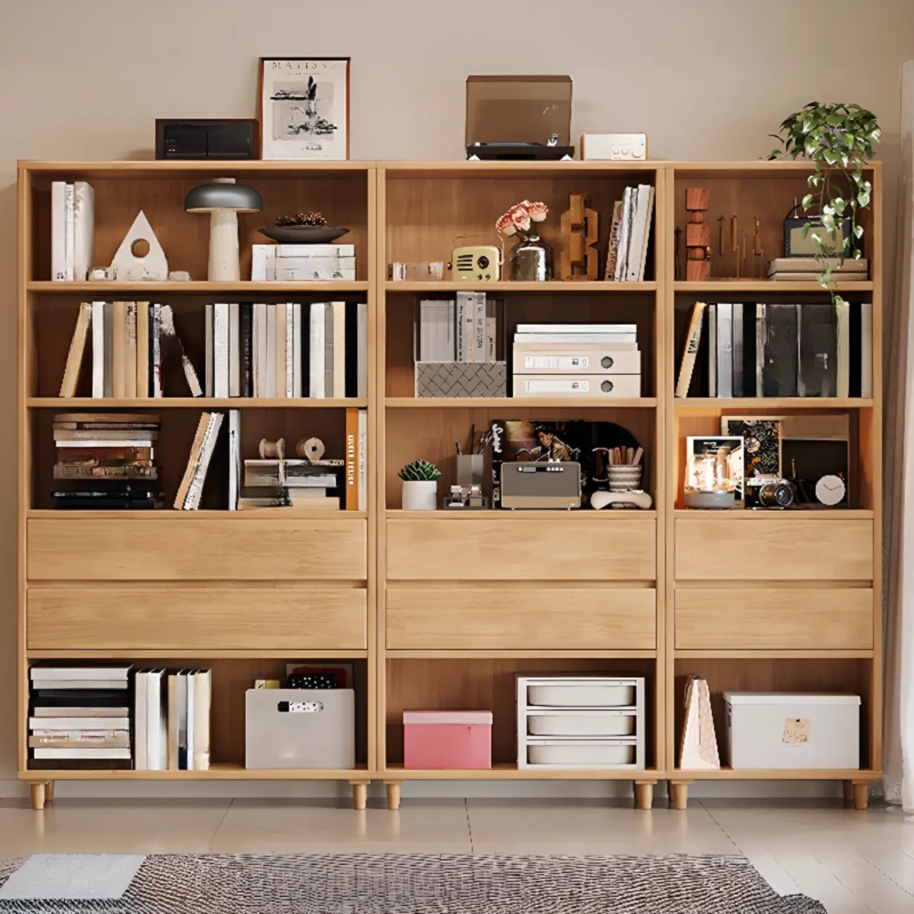 Spacious Versatile Vertical Brown Wood Bookcase with Drawers Image - 2 | homeyfad