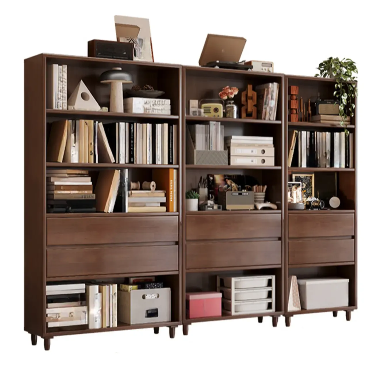 Spacious Versatile Vertical Brown Wood Bookcase with Drawers Image - 9