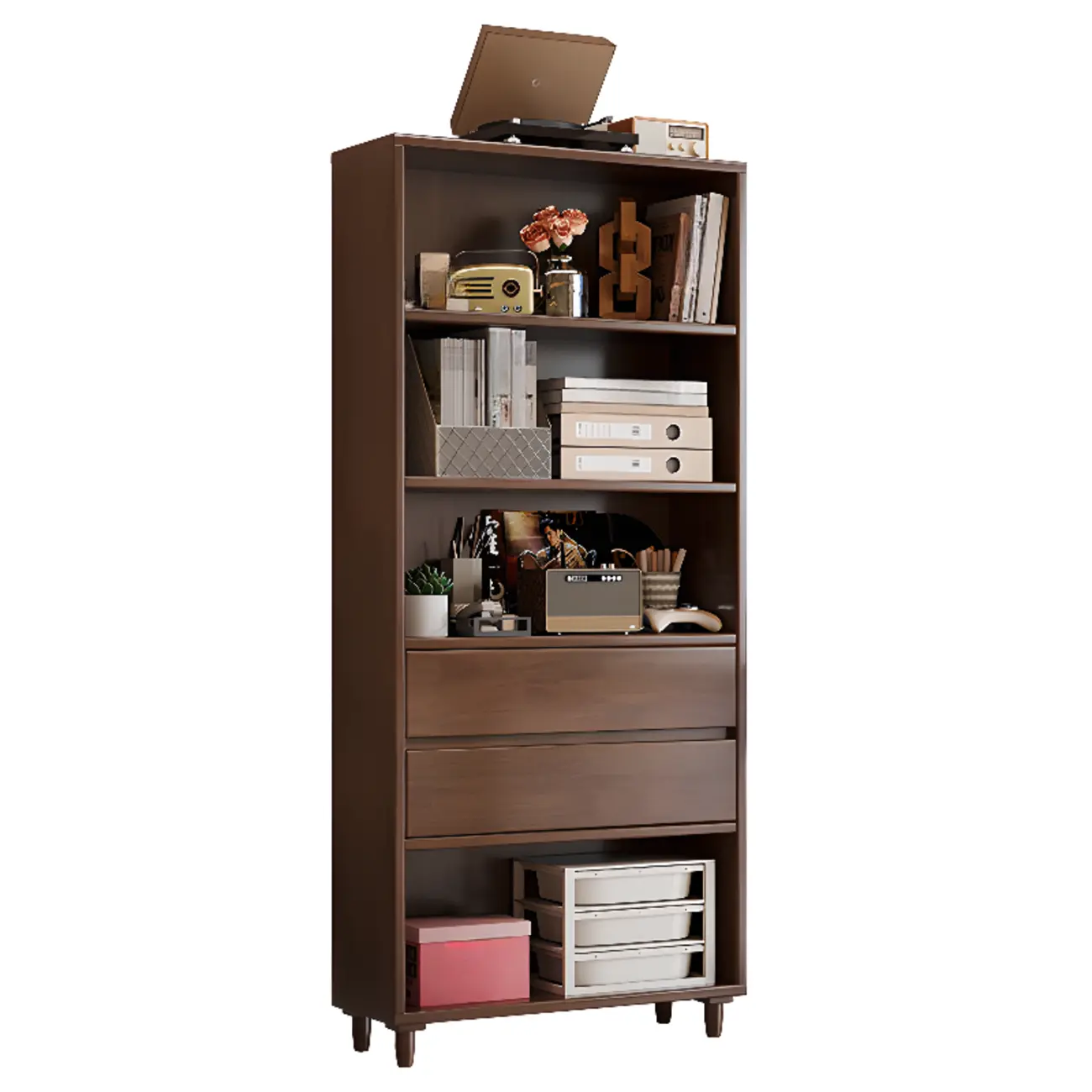 Spacious Versatile Vertical Brown Wood Bookcase with Drawers Image - 10 | homeyfad