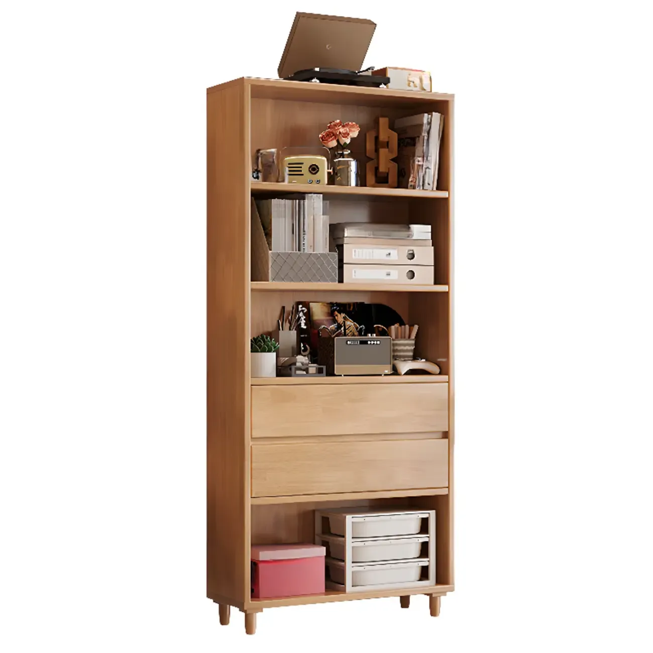 Spacious Versatile Vertical Brown Wood Bookcase with Drawers Image - 11