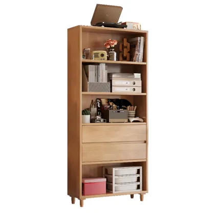 Spacious Versatile Vertical Brown Wood Bookcase with Drawers Image - 11