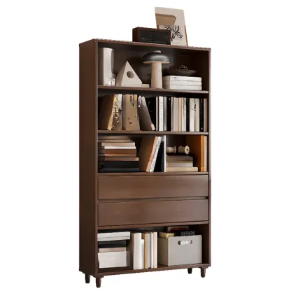 Spacious Versatile Vertical Brown Wood Bookcase with Drawers Image - 18