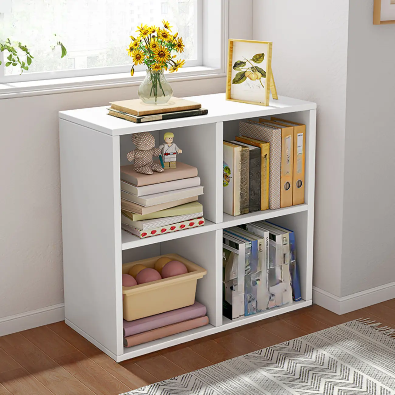 Horizontal Natural Wooden Rectangle Multi-Cube Bookcase Image - 4 | homeyfad