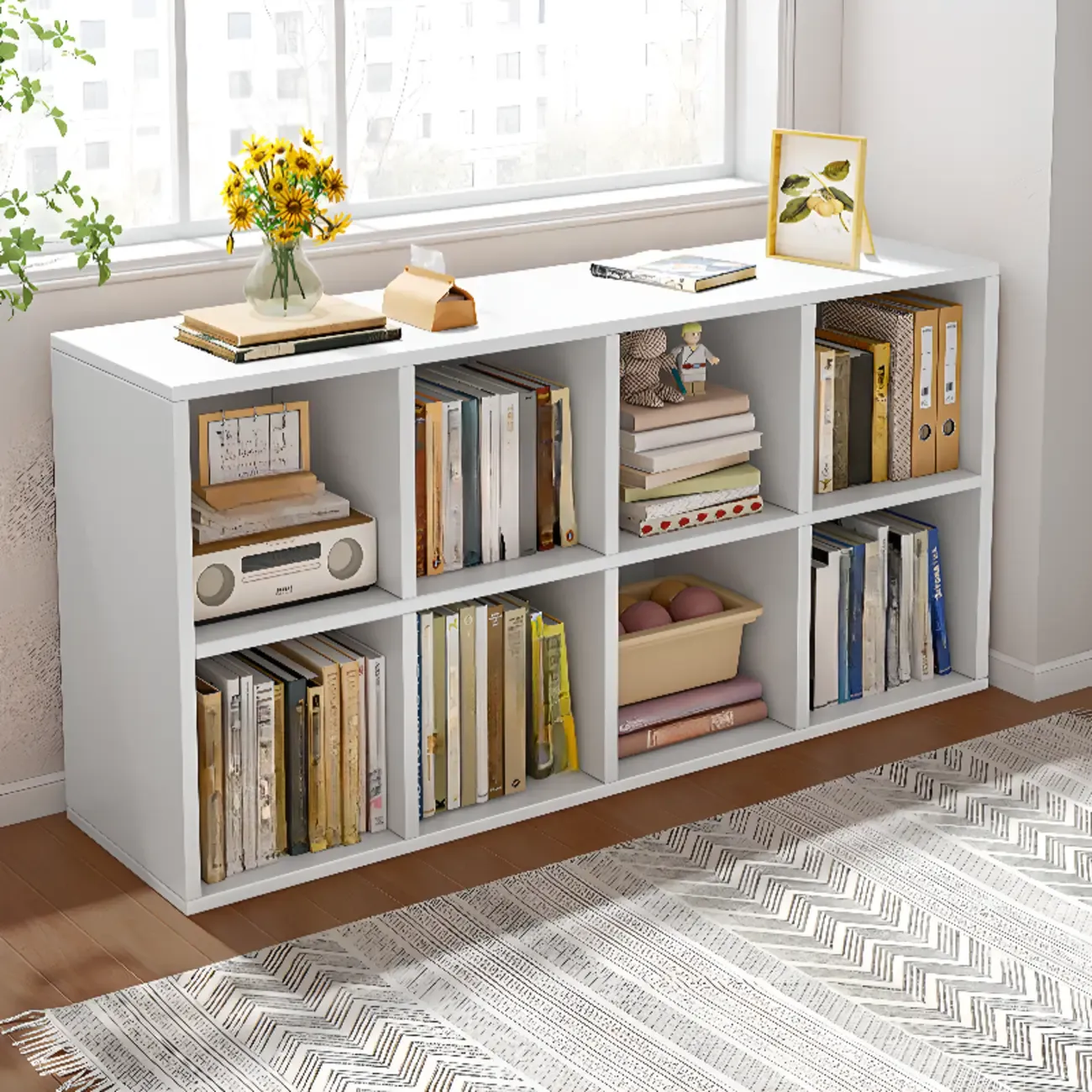 Horizontal Natural Wooden Rectangle Multi-Cube Bookcase Image - 2