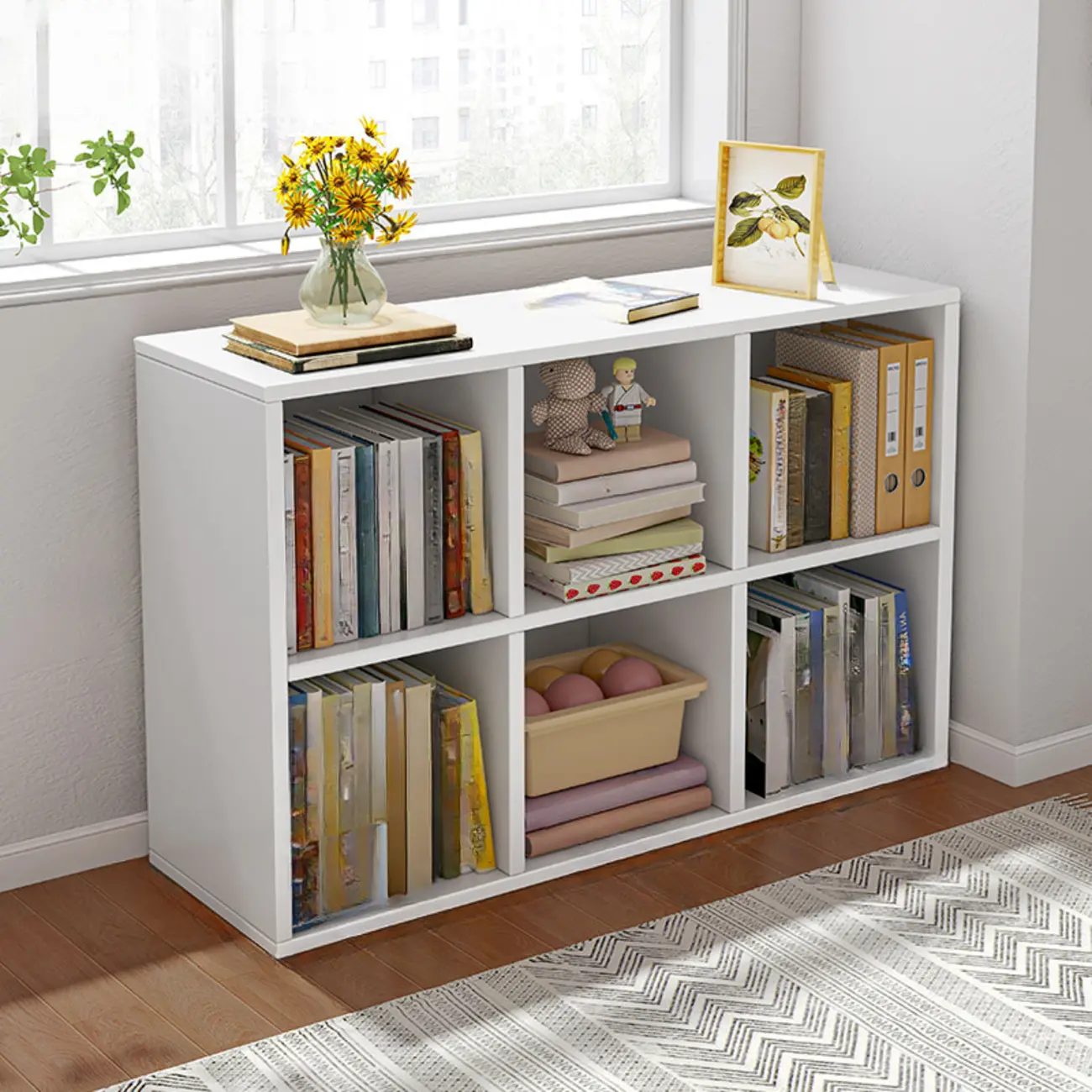 Horizontal Natural Wooden Rectangle Multi-Cube Bookcase Image - 6 | homeyfad