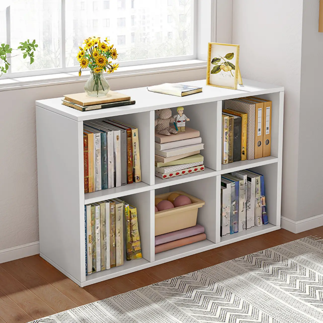 Horizontal Natural Wooden Rectangle Multi-Cube Bookcase Image - 8 | homeyfad