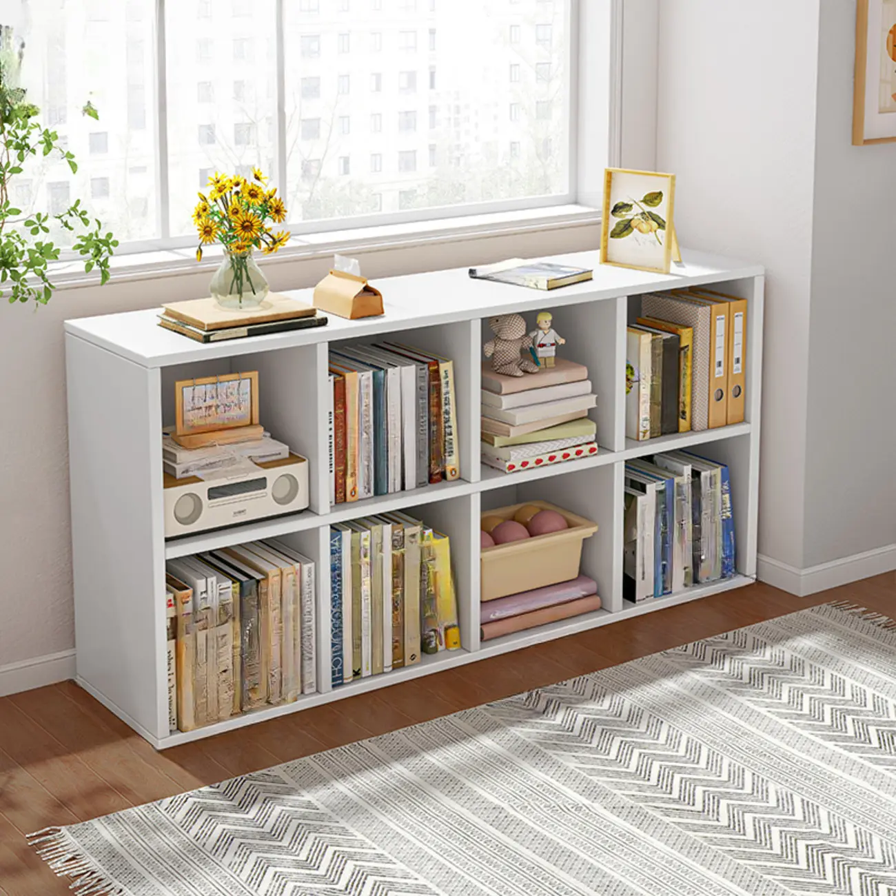 Horizontal Natural Wooden Rectangle Multi-Cube Bookcase Image - 9 | homeyfad