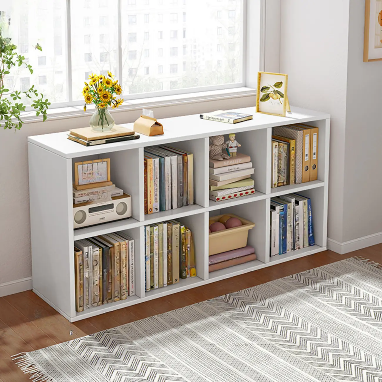 Horizontal Natural Wooden Rectangle Multi-Cube Bookcase Image - 10 | homeyfad