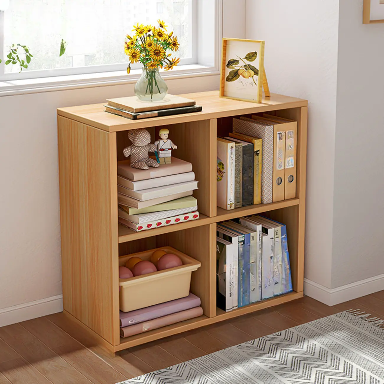 Horizontal Natural Wooden Rectangle Multi-Cube Bookcase Image - 17 | homeyfad