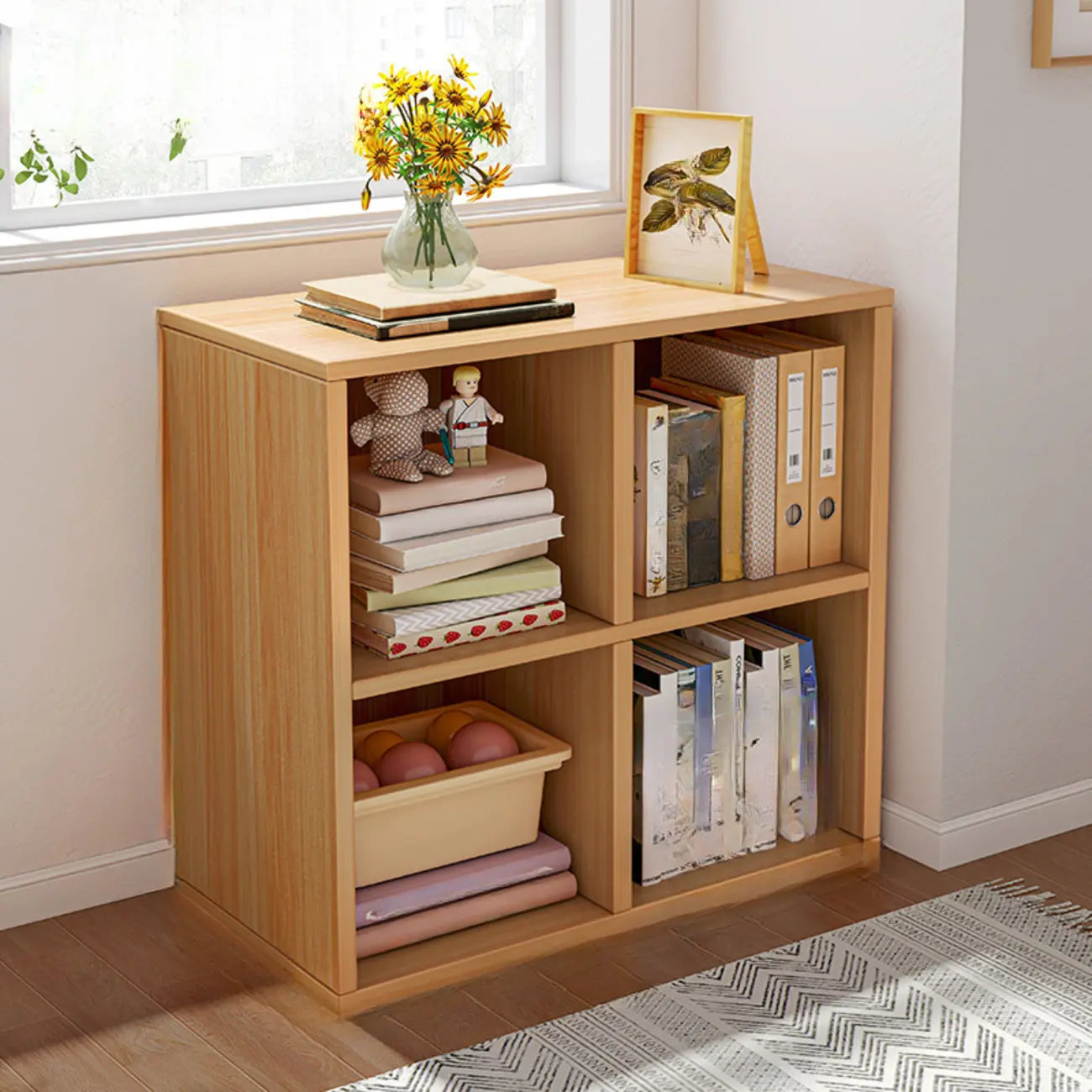 Horizontal Natural Wooden Rectangle Multi-Cube Bookcase Image - 18 | homeyfad