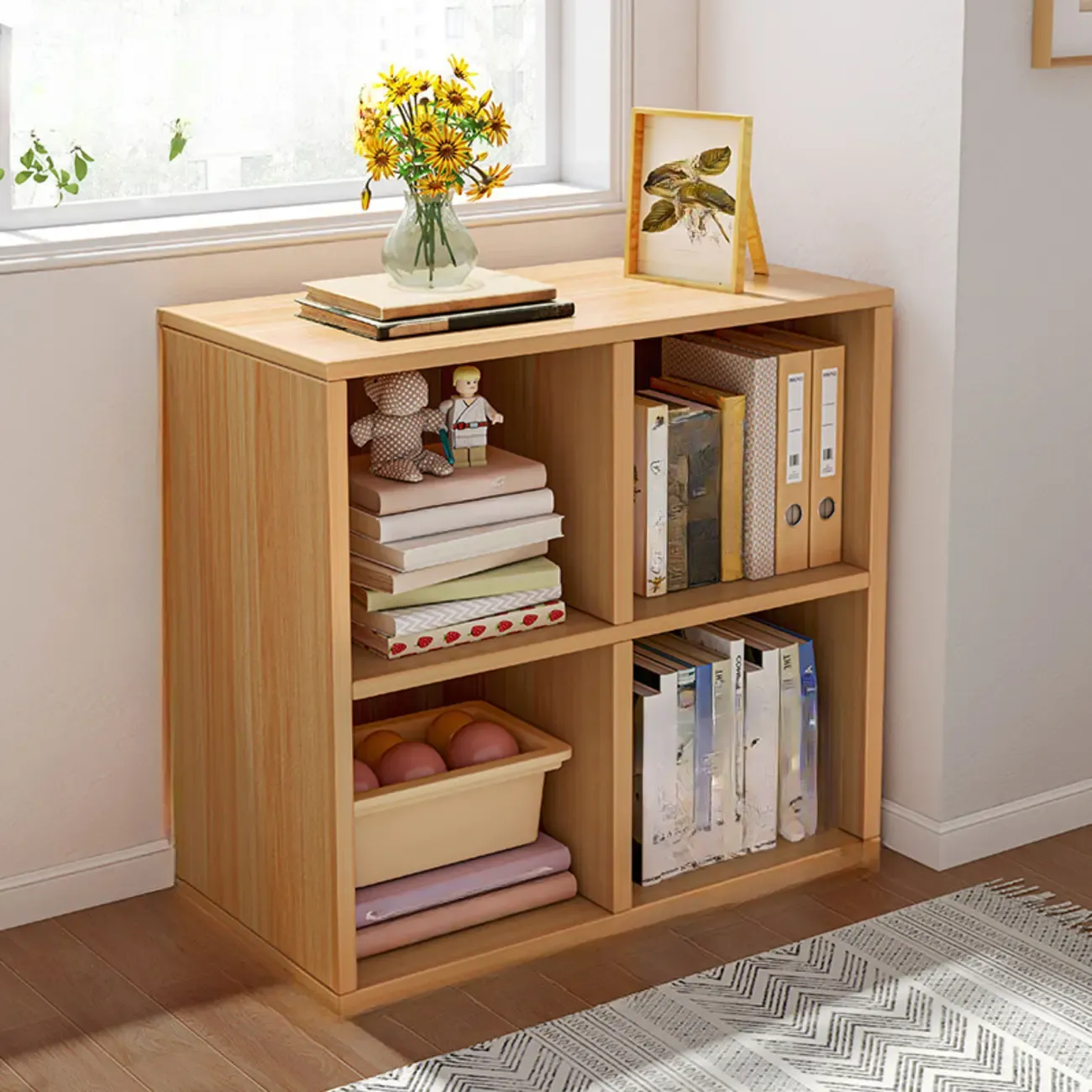Horizontal Natural Wooden Rectangle Multi-Cube Bookcase Image - 18