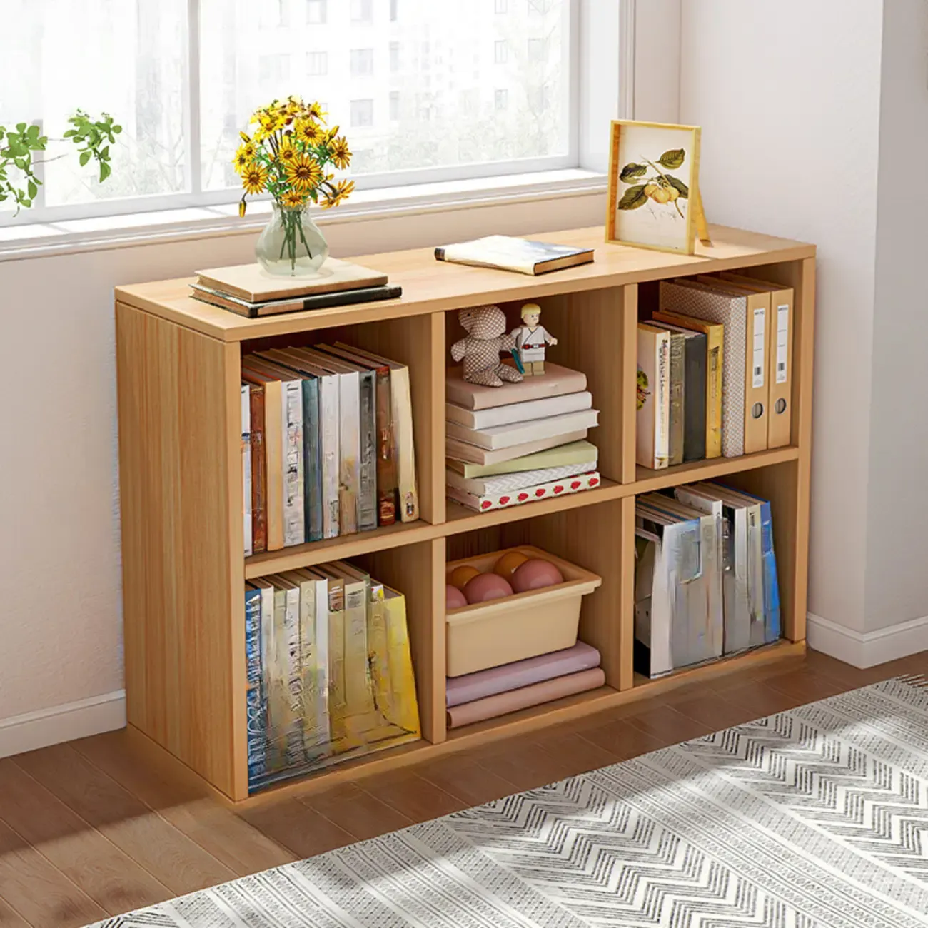 Horizontal Natural Wooden Rectangle Multi-Cube Bookcase Image - 19