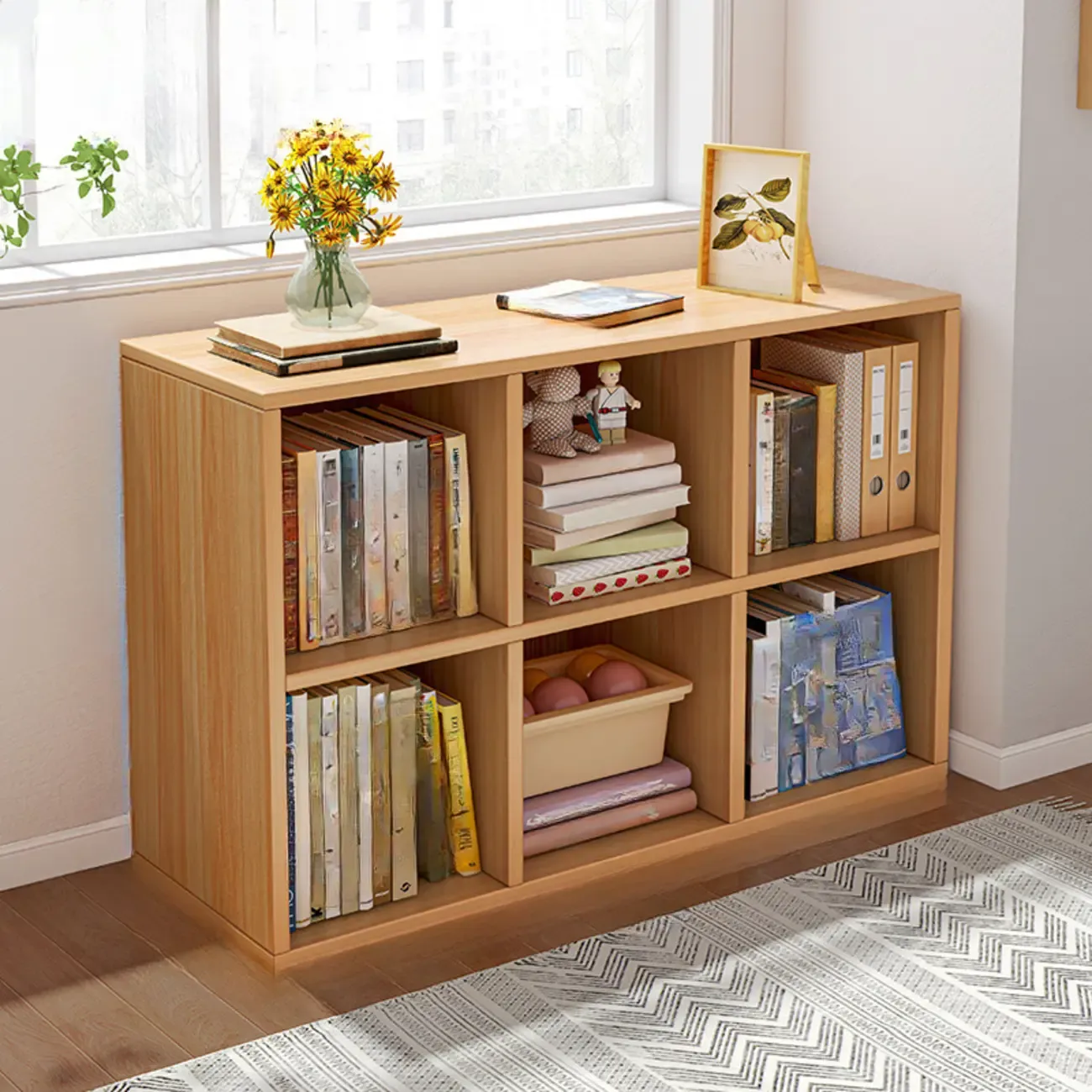 Horizontal Natural Wooden Rectangle Multi-Cube Bookcase Image - 20