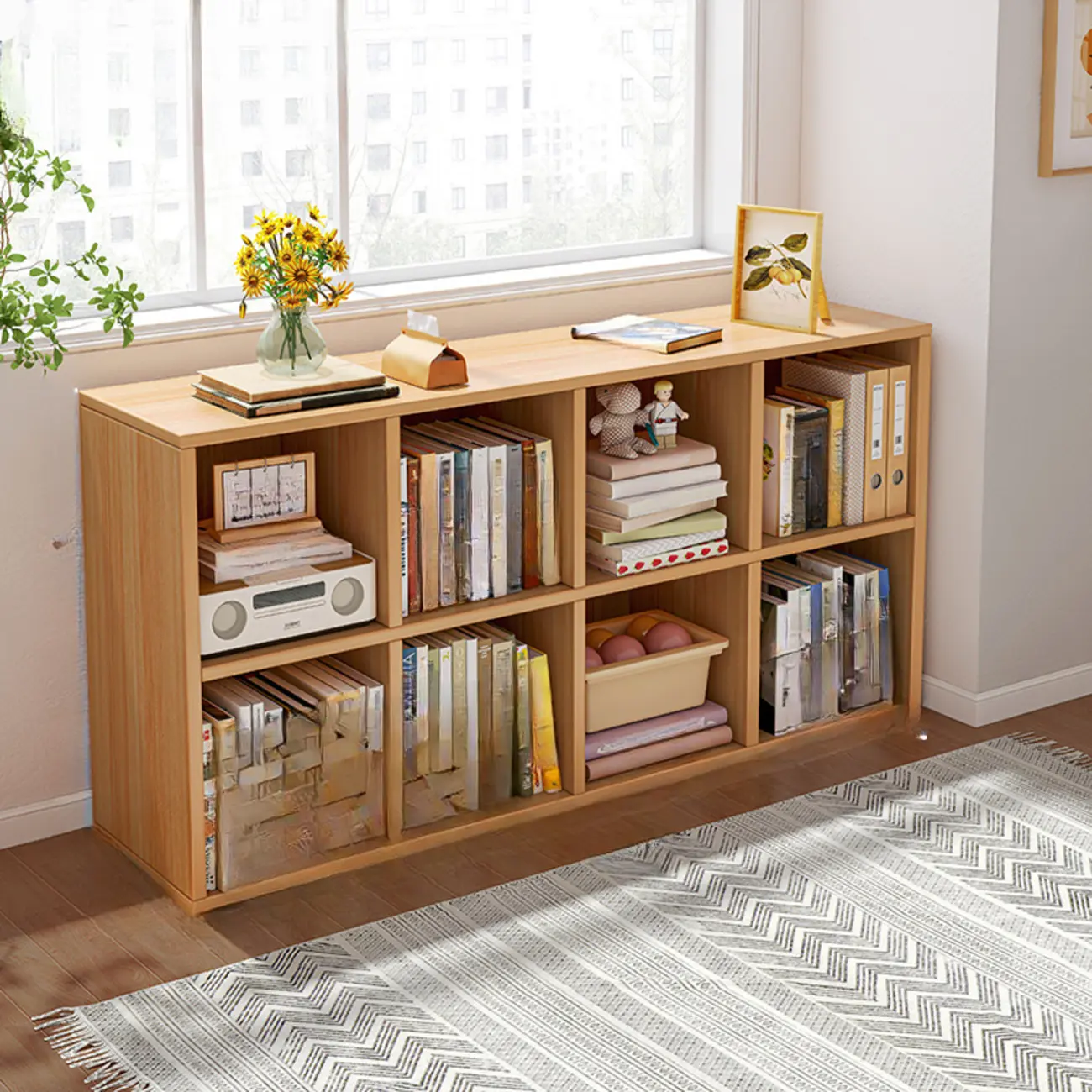 Horizontal Natural Wooden Rectangle Multi-Cube Bookcase Image - 21 | homeyfad