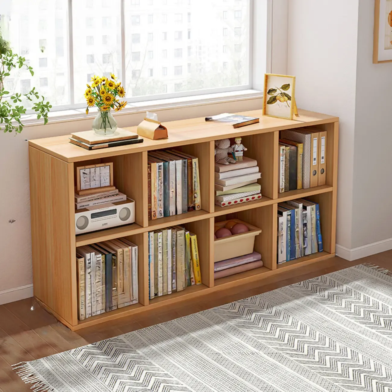 Horizontal Natural Wooden Rectangle Multi-Cube Bookcase Image - 22