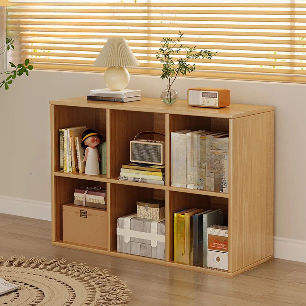 Horizontal Natural Wooden Rectangle Multi-Cube Bookcase Image - 25 | homeyfad