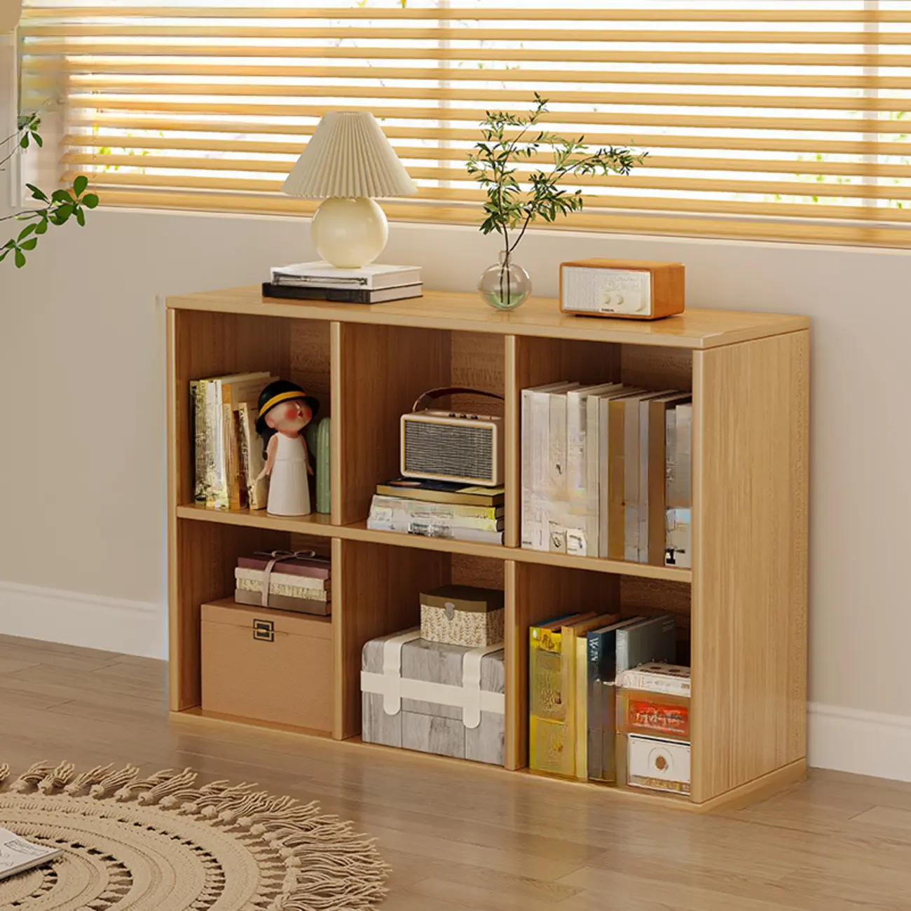 Horizontal Natural Wooden Rectangle Multi-Cube Bookcase Image - 26 | homeyfad