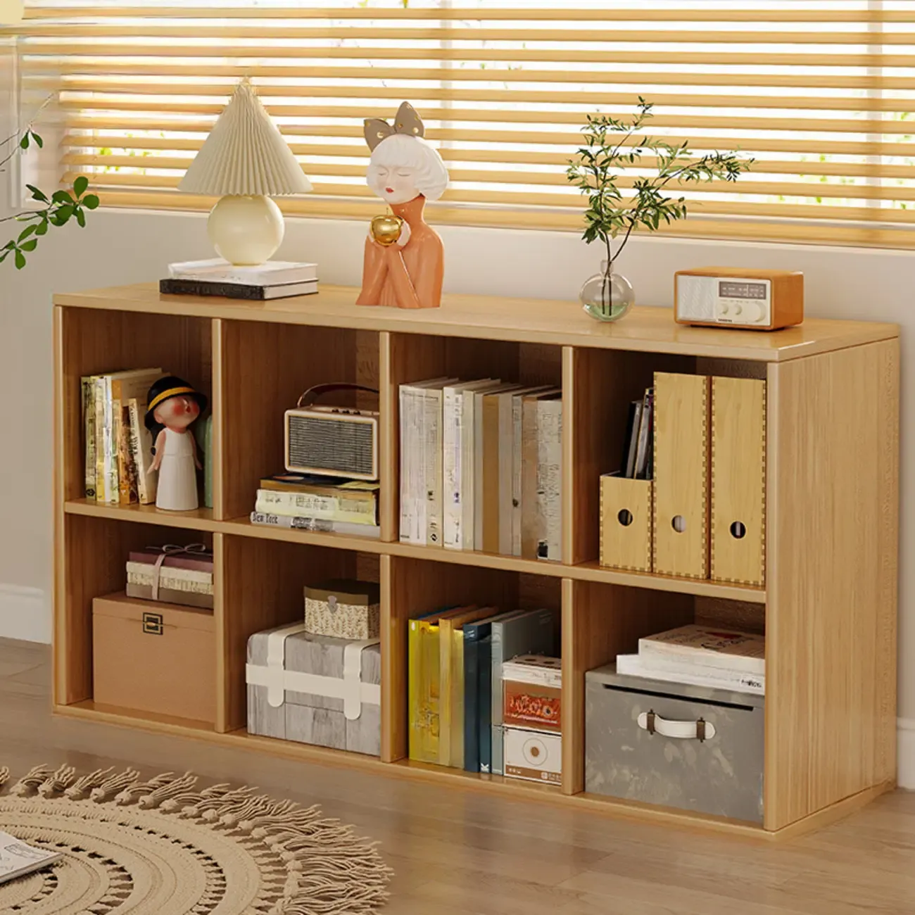 Horizontal Natural Wooden Rectangle Multi-Cube Bookcase Image - 27