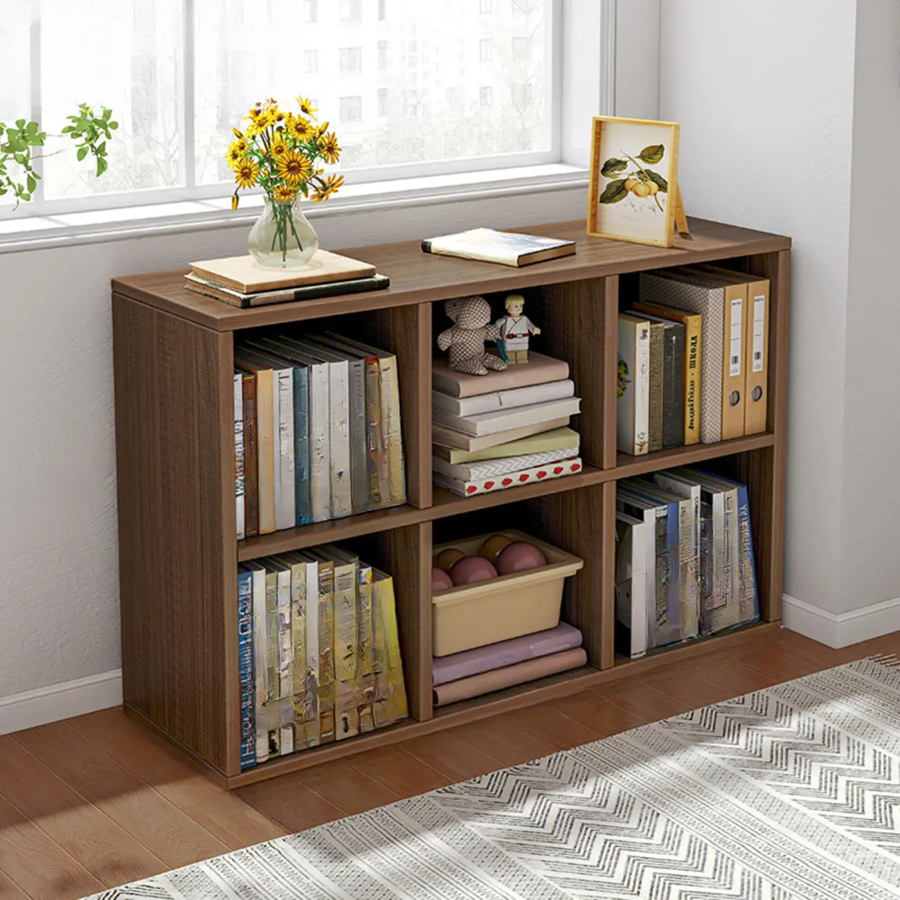 Horizontal Natural Wooden Rectangle Multi-Cube Bookcase Image - 30 | homeyfad
