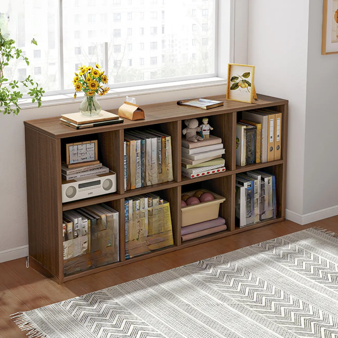 Horizontal Natural Wooden Rectangle Multi-Cube Bookcase Image - 31 | homeyfad