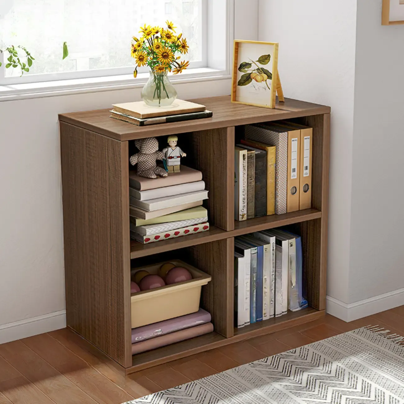 Horizontal Natural Wooden Rectangle Multi-Cube Bookcase Image - 32