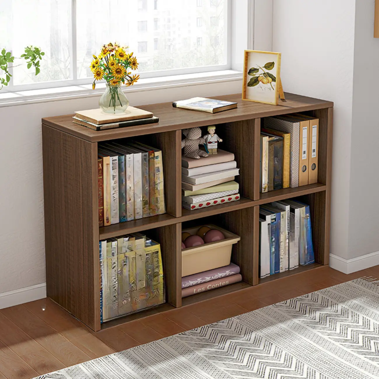 Horizontal Natural Wooden Rectangle Multi-Cube Bookcase Image - 33 | homeyfad