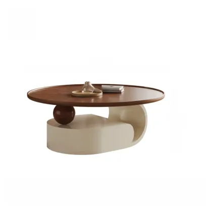 Metal Base Nesting Brown Wood Round Drawer Coffee Table Image - 9