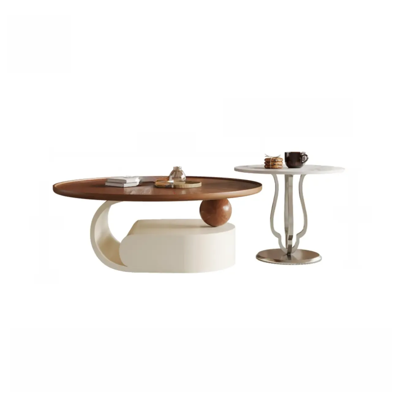 Metal Base Nesting Brown Wood Round Drawer Coffee Table Image - 8