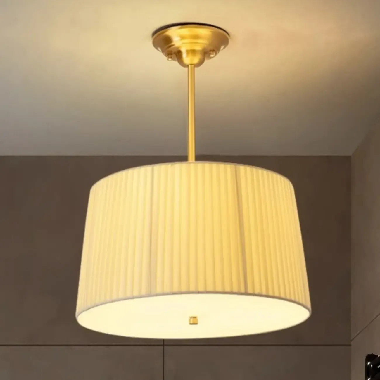 Minimalist Colonial White Drum Gold Semi Flush Ceiling Light Image - 3