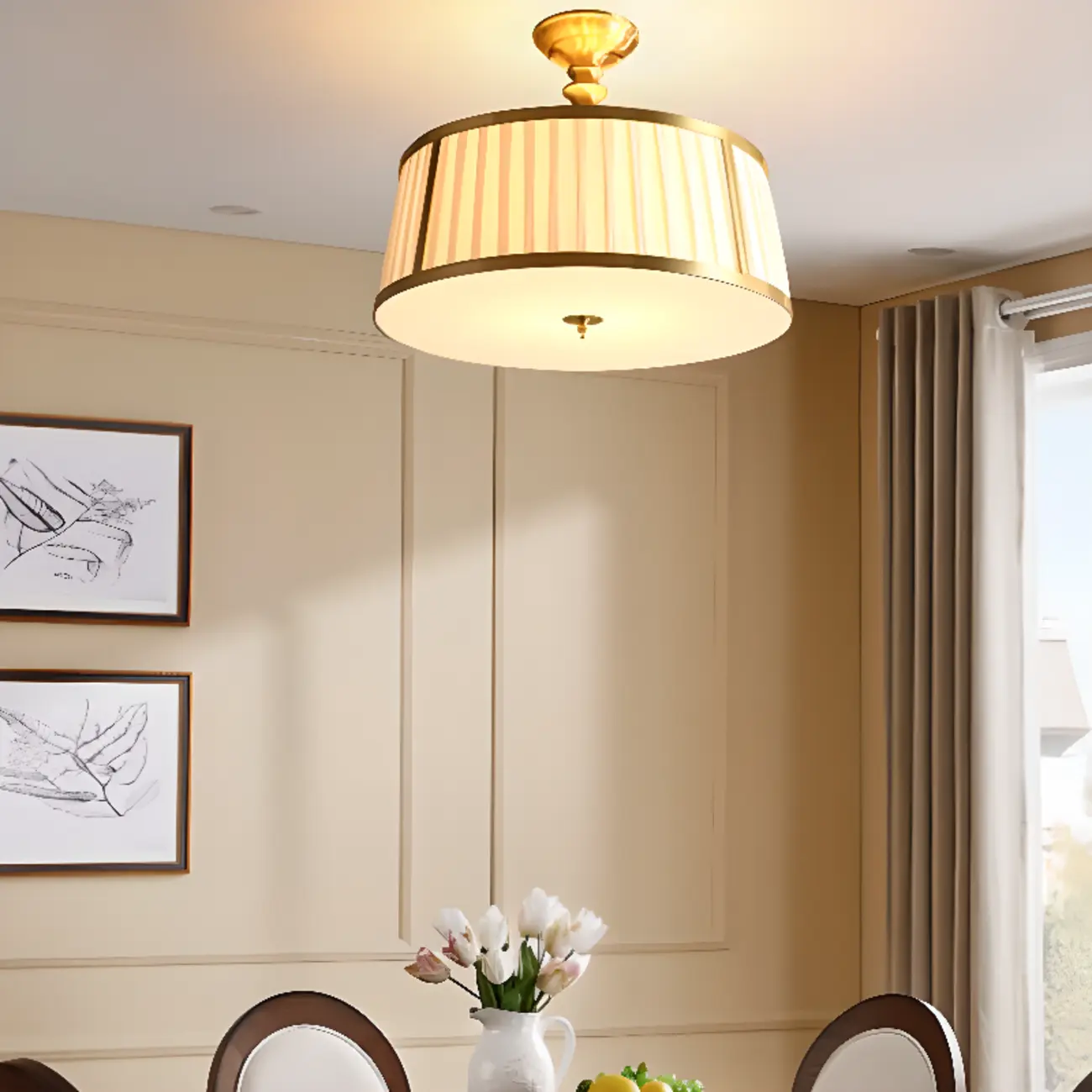 Minimalist Colonial White Drum Gold Semi Flush Ceiling Light Image - 4 | homeyfad