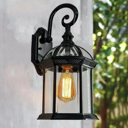 Small Size Modern Metal Lantern Glass Shade Outdoor Wall Light Image - 1