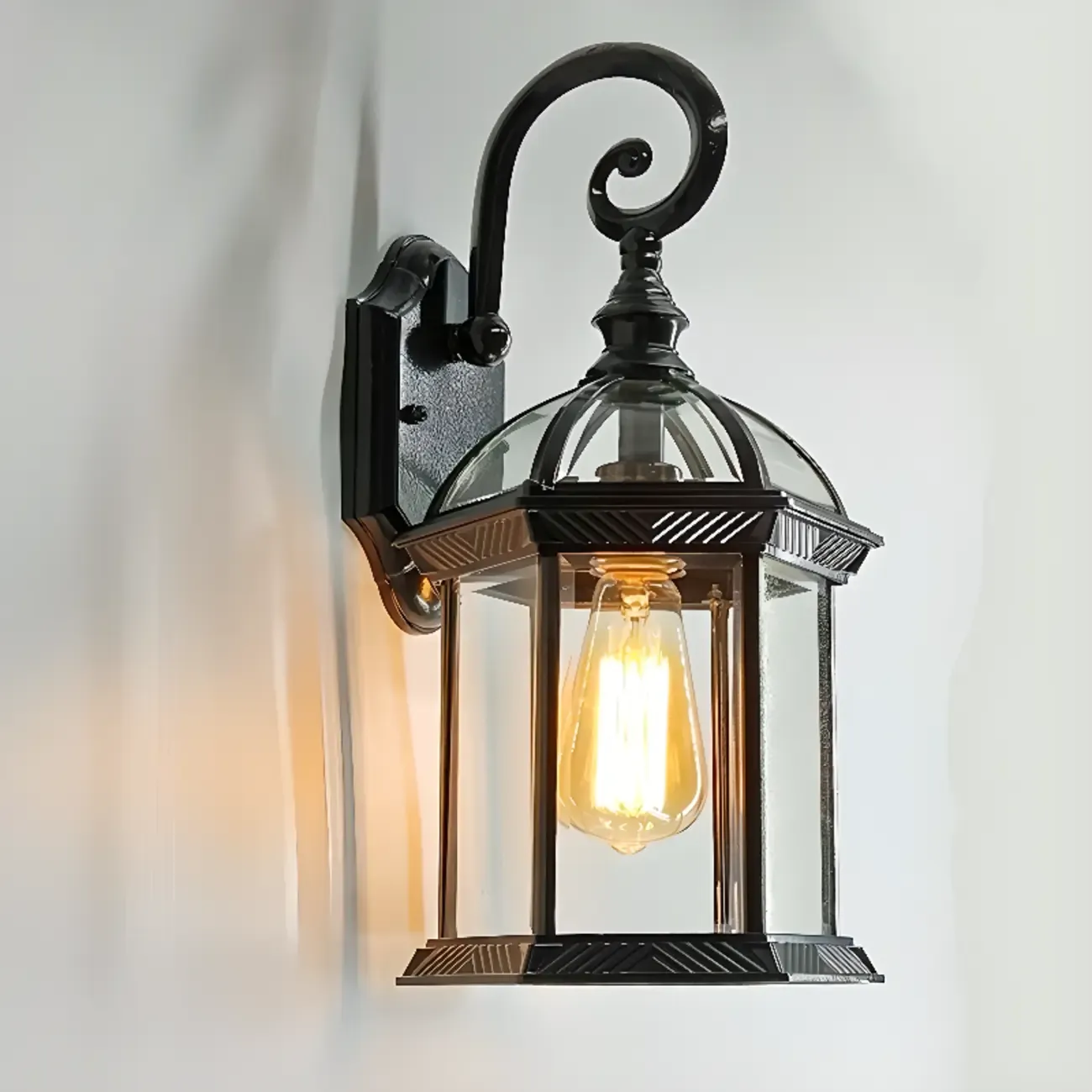 Small Size Modern Metal Lantern Glass Shade Outdoor Wall Light Image - 7