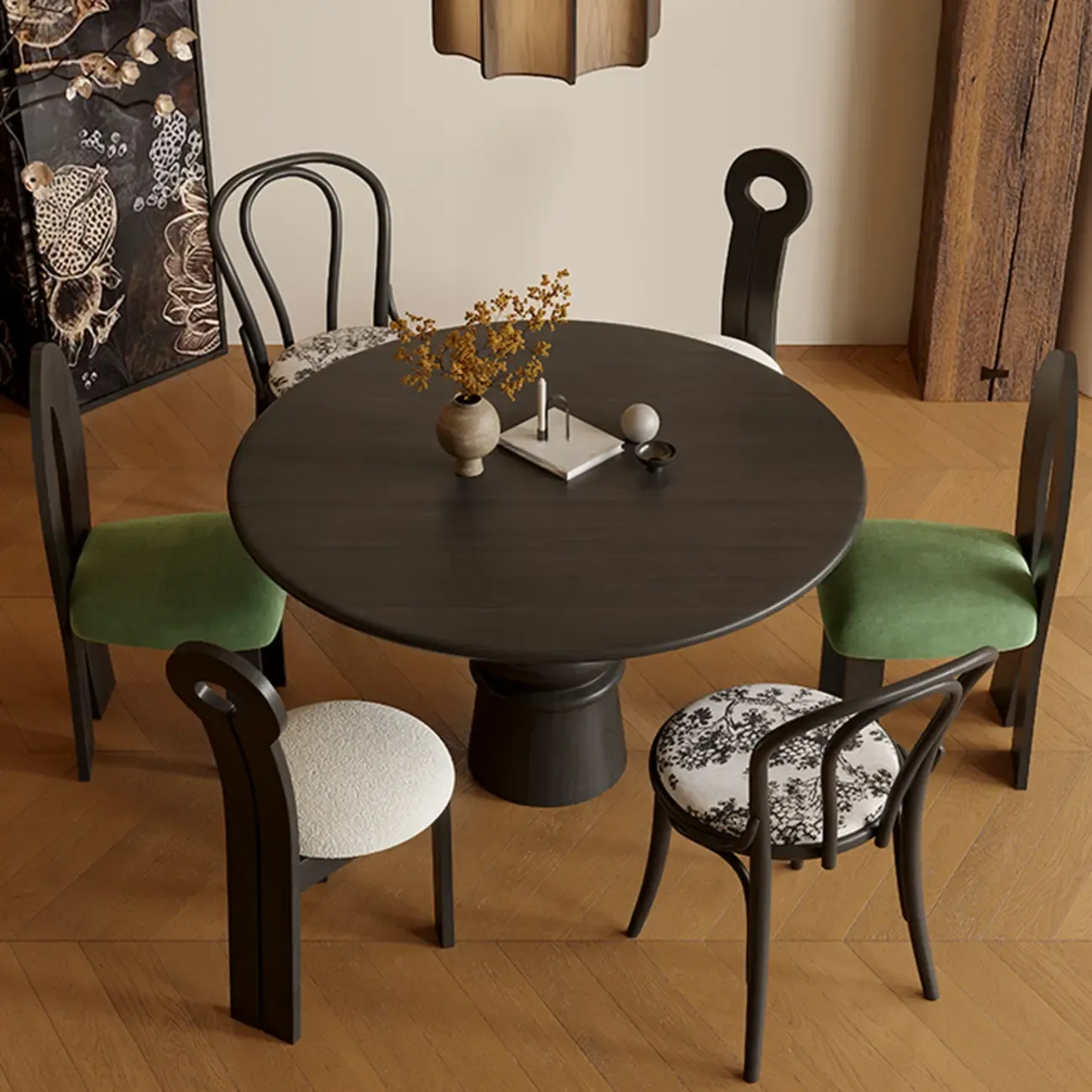 Traditional Dark Brown Wood Round Dining Table Image - 10