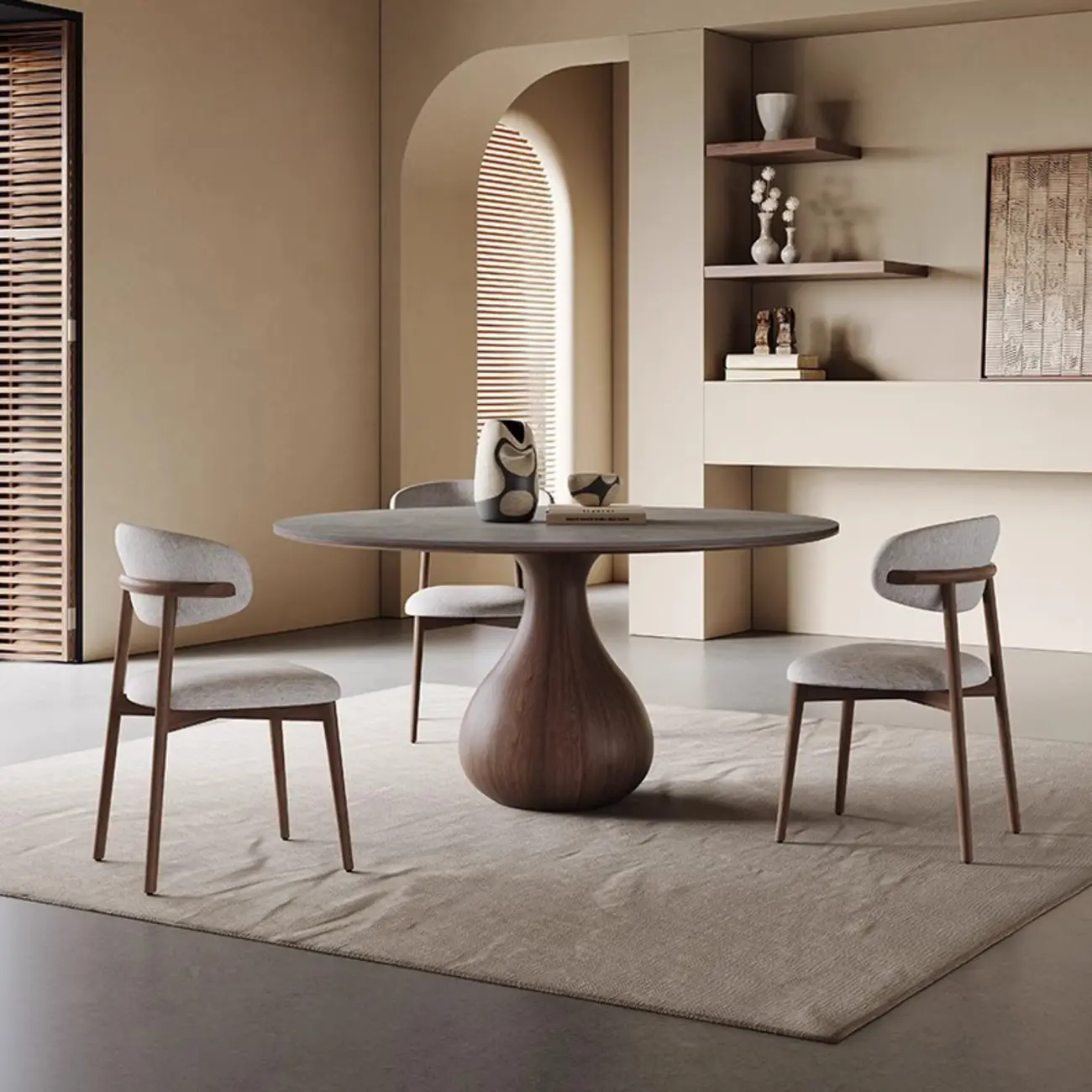 Scandinavian Brown Grey Round Dining Table with Pedestal Image - 1 | homeyfad
