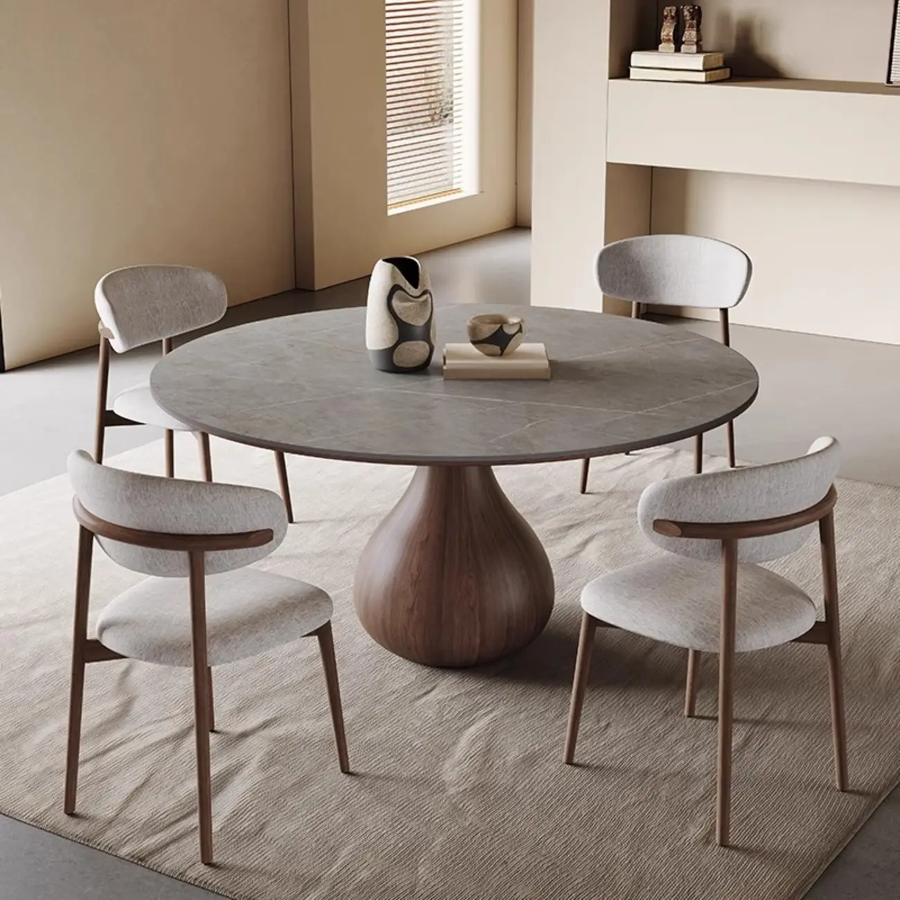Scandinavian Brown Grey Round Dining Table with Pedestal Image - 2 | homeyfad
