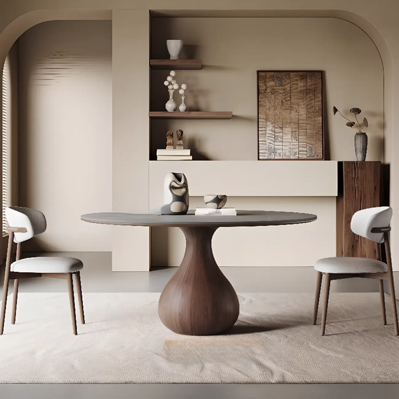 Scandinavian Brown Grey Round Dining Table with Pedestal Image - 3 | homeyfad
