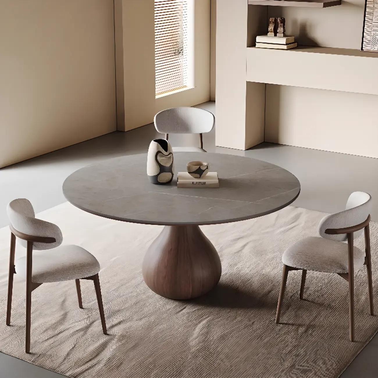 Scandinavian Brown Grey Round Dining Table with Pedestal Image - 4