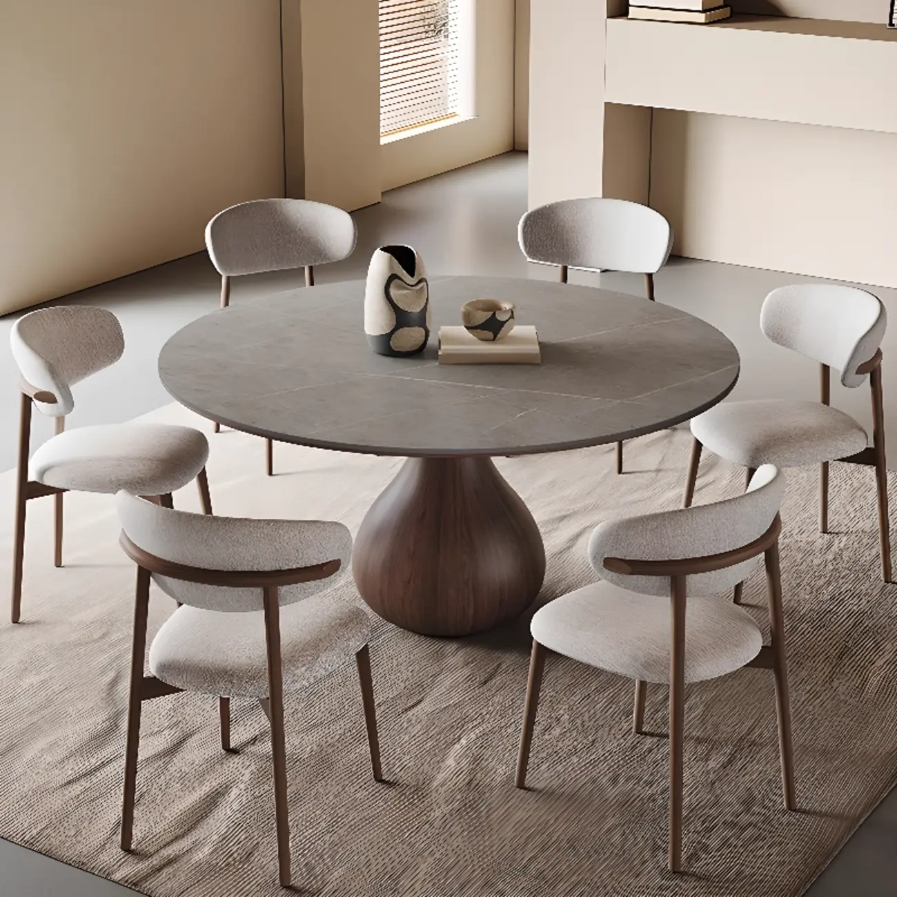 Scandinavian Brown Grey Round Dining Table with Pedestal Image - 5 | homeyfad